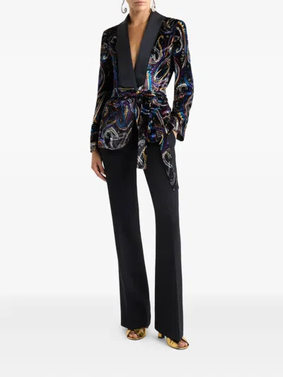 Etro Paisley Foliage Motif Belted Velvet Blazer In Black