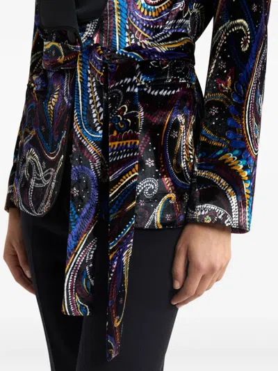 Etro Paisley Foliage Motif Belted Velvet Blazer In Black