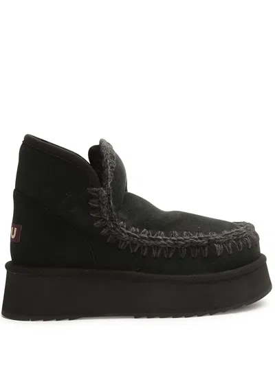 Mou Mini Eskimo Platform Boots With Crochet Stitch Detailing In Black