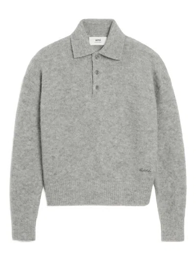 Ami Alexandre Mattiussi Light Grey Knit Sweater With Polo Collar And Three-button Placket In Gray