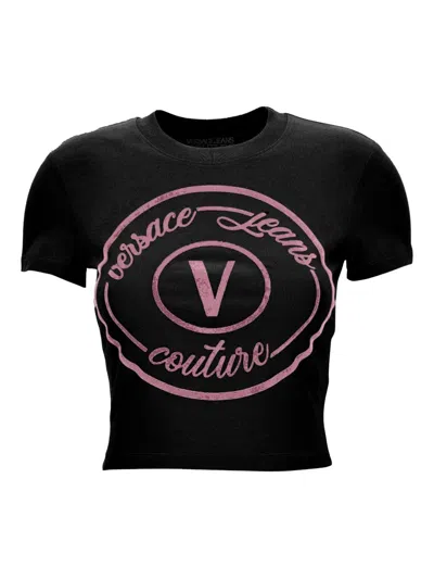 Versace Jeans Couture Fitted Short Sleeve Crew Neck Top In Black