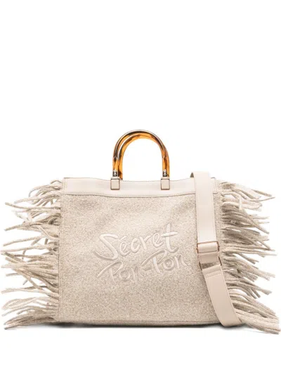 Secret Pon-pon Shoulder Bag With Handles And Fringes In Neutral