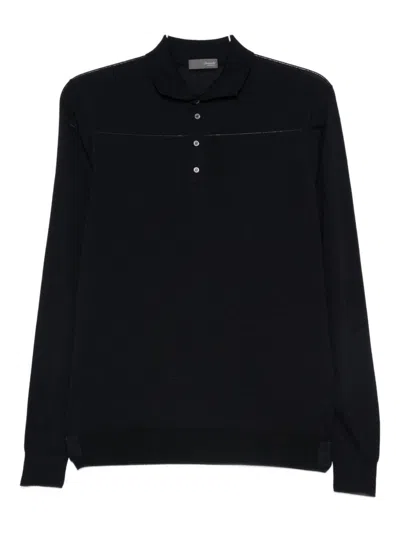 Drumohr Fitted Black Merino Wool Long Sleeve Polo In Blue