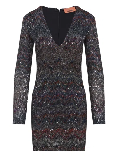 Missoni Zigzag Sequined Dress With Deep V-neckline In Black