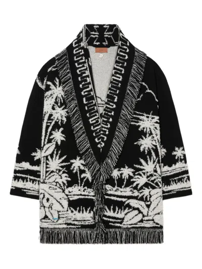 Alanui Black Cardigan With Tropical Pattern And Fringes In Black