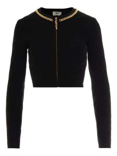 Elisabetta Franchi Diamond Knit Cardigan With Black Jewel Detail In Black