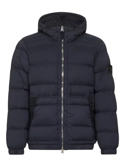 Stone Island Hooded Short Down Outerwear In Blue