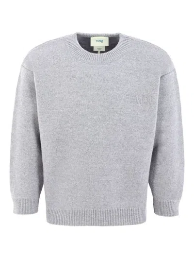 Fendi Kids Wool Sweater With Logo In Gray