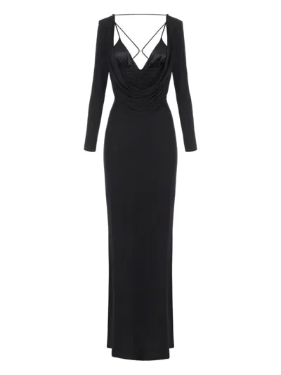 Elisabetta Franchi Maxi Dress With Draped Cowl Neckline In Black