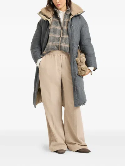 Brunello Cucinelli Belted Quilted Shearling-trimmed Wool Down Jacket In Gray