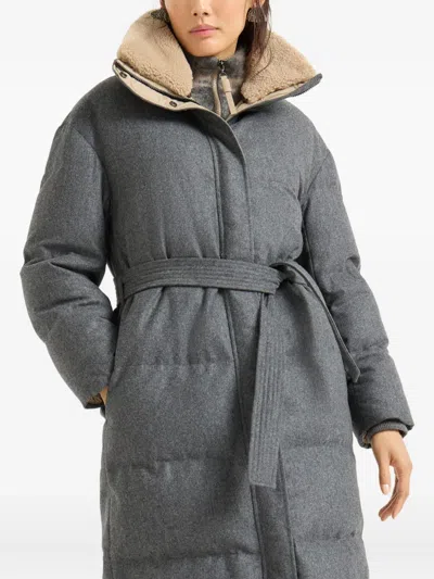 Brunello Cucinelli Belted Quilted Shearling-trimmed Wool Down Jacket In Gray