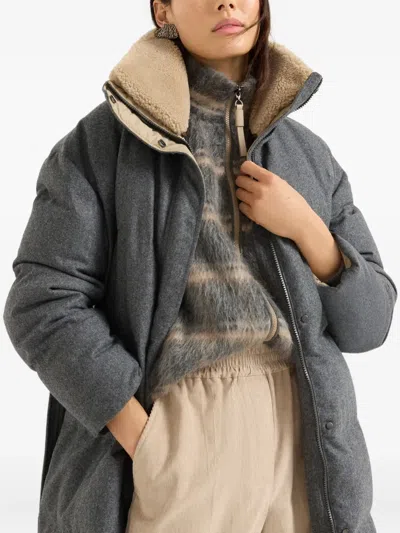 Brunello Cucinelli Belted Quilted Shearling-trimmed Wool Down Jacket In Gray