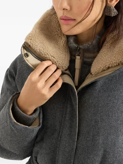 Brunello Cucinelli Belted Quilted Shearling-trimmed Wool Down Jacket In Gray