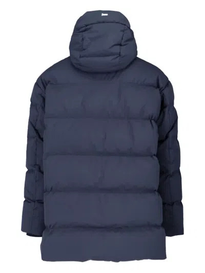 Herno Long Quilted Jacket With Hood And Pockets In Blue