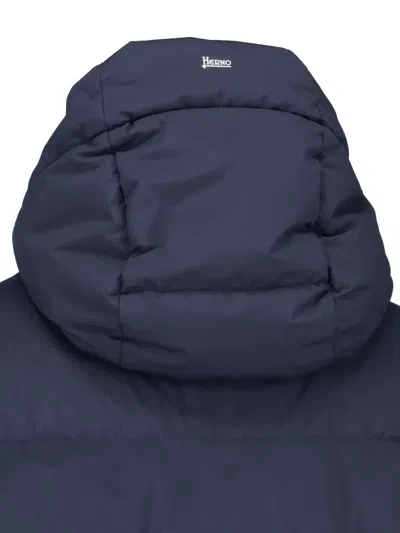 Herno Long Quilted Jacket With Hood And Pockets In Blue