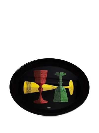 Fornasetti Bicchieri Oval No.146 Decorative Tray (55cm X 41cm) In Black