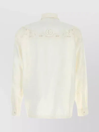 Gucci Long Sleeve Linen Polo Shirt With Chest Pocket In Neutral