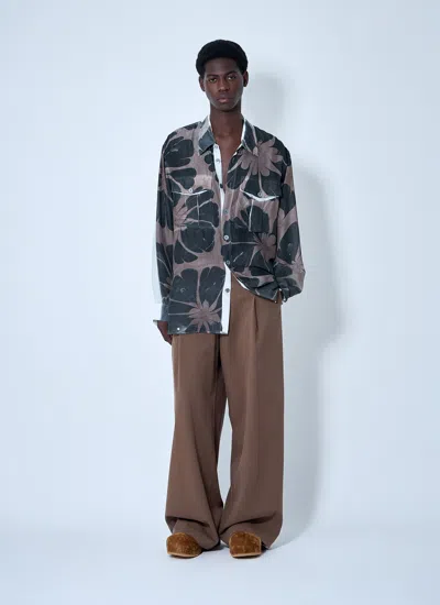 Dries Van Noten Men Floral Silk Shirt In Brown