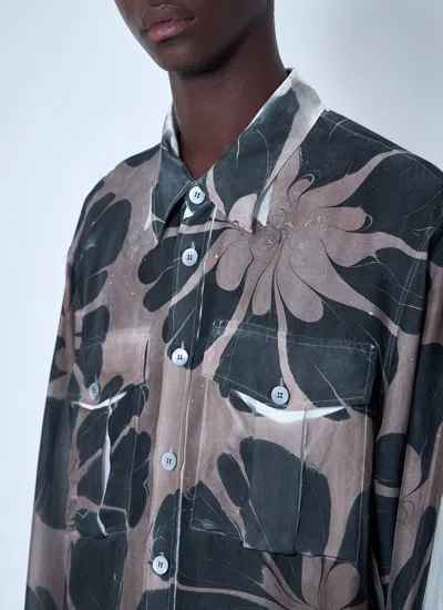 Dries Van Noten Men Floral Silk Shirt In Brown