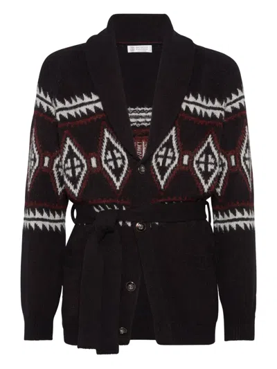 Brunello Cucinelli Geometric-jacquard Belted Cardigan In Black
