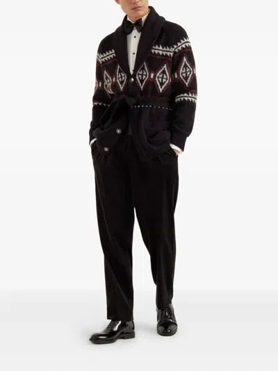 Brunello Cucinelli Geometric-jacquard Belted Cardigan In Black