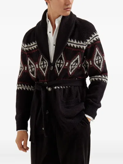 Brunello Cucinelli Geometric-jacquard Belted Cardigan In Black