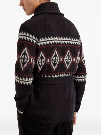 Brunello Cucinelli Geometric-jacquard Belted Cardigan In Black