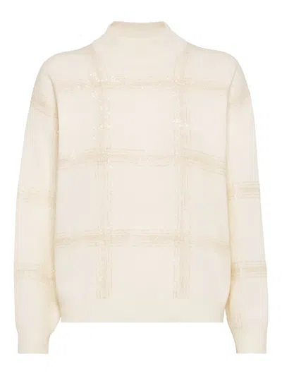Brunello Cucinelli Sequin-embellished Stripe Wool-cashmere Sweater In Neutral