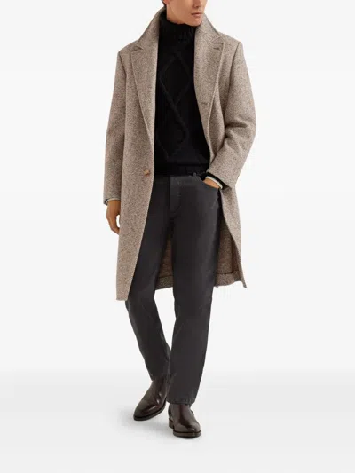 Brunello Cucinelli Chevron-pattern Single-breasted Coat In Brown
