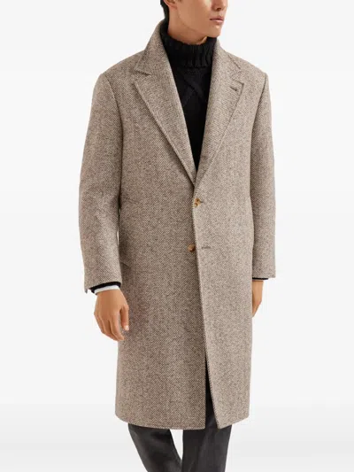 Brunello Cucinelli Chevron-pattern Single-breasted Coat In Brown