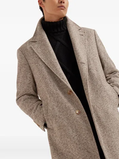 Brunello Cucinelli Chevron-pattern Single-breasted Coat In Brown