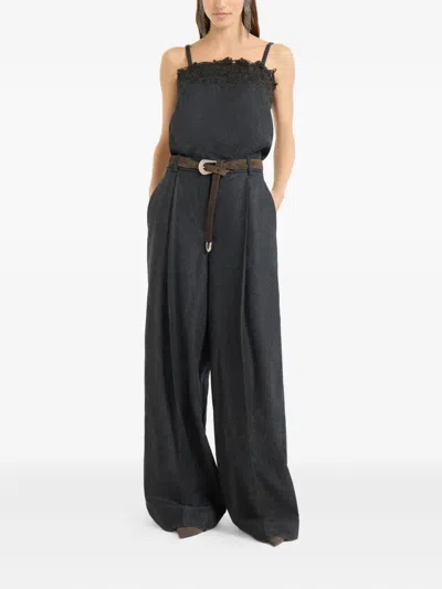 Brunello Cucinelli Lace-detail Wide-leg Jumpsuit In Gray
