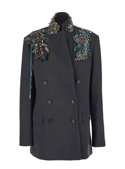Dries Van Noten Women Grey Jacket With High Collar And Rhinestone Details In Wool Woman In Multi