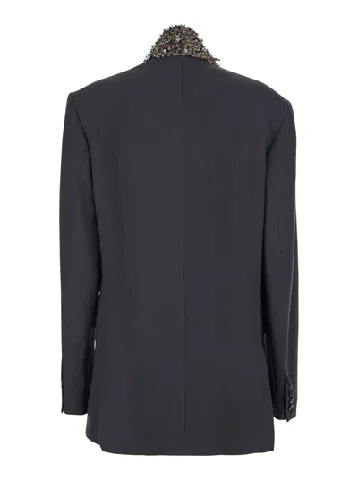 Dries Van Noten Women Grey Jacket With High Collar And Rhinestone Details In Wool Woman In Multi