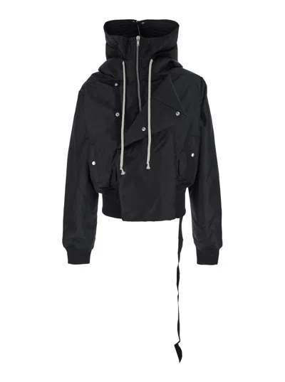 Drkshdw Alice Black Jacket With Oversized Hood And Asymmetrical Flap In Tech Fabric Man In Animal Print