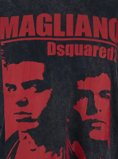 Dsquared2 D2 X Magliano Black Crew Neck Top With Logo Lettering And Front Print In Cotton Man In Black