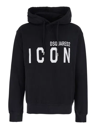 Dsquared2 Men Black Hoodie With Logo Print On The Front In Cotton Man In Black