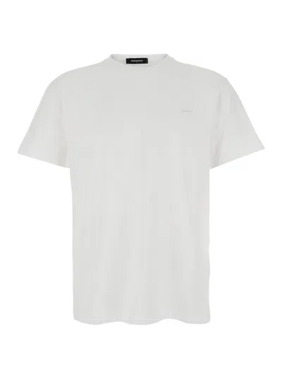 Dsquared2 Men White Crewneck T-shirt With Patch Logo On The Front In Cotton Man In Metallic