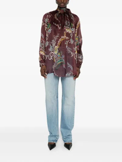 Etro Women Silk Blouse With Paisley Print In Brown