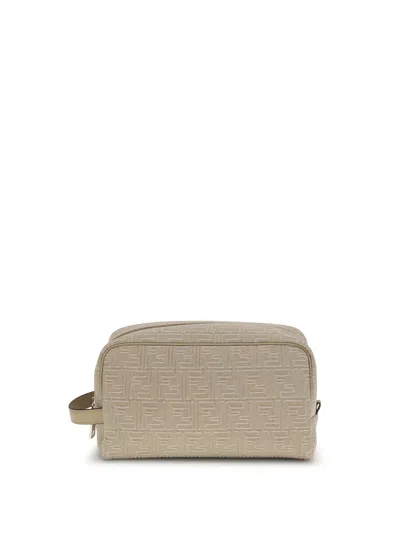 Fendi Ff-motif Leather-trimmed Toiletry Bag In Neutral