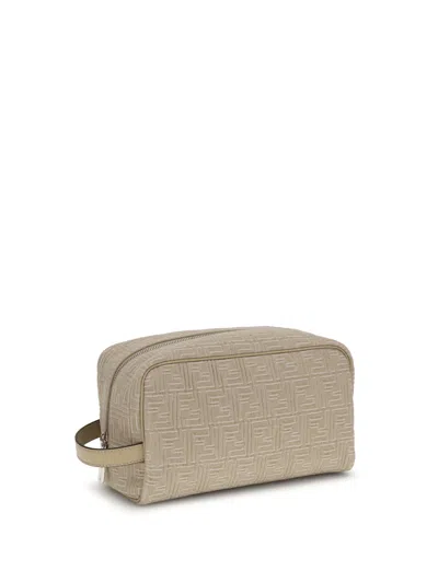 Fendi Ff-motif Leather-trimmed Toiletry Bag In Neutral