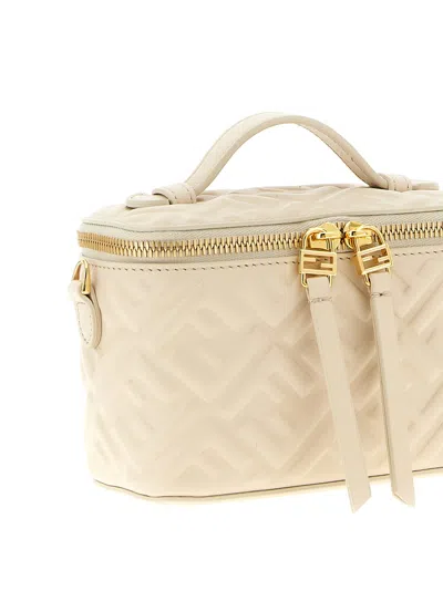 Fendi Vanity Handbag Adjustable Strap Embossed Pattern Top Handle In White