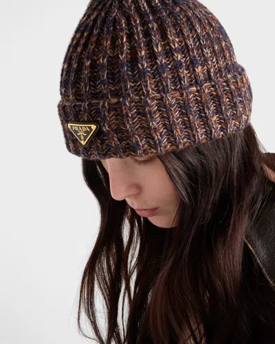 Prada Womens Blue Argyle Wool-knitted Beanie In Brown