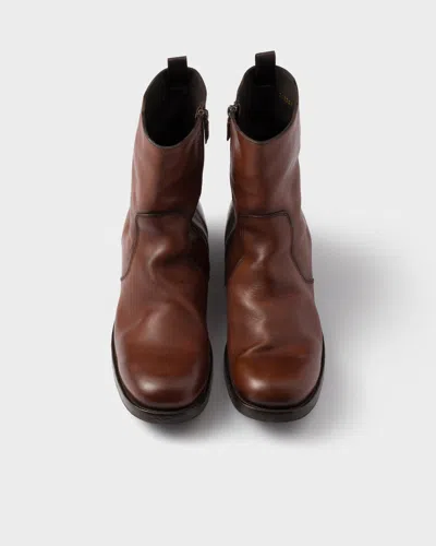 Prada Mens Leather Boots Round Toe Design In Brown