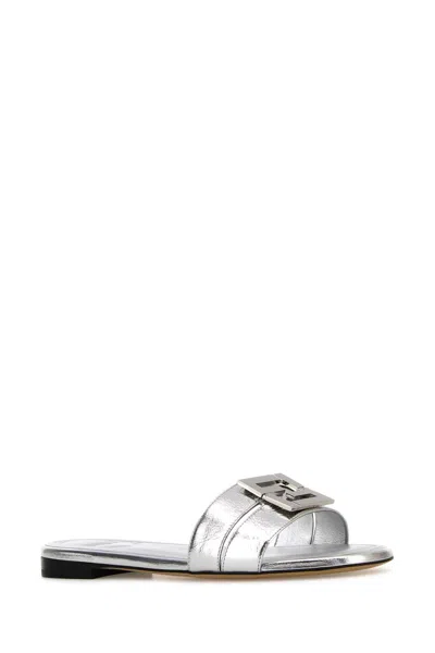 Fendi Women Silver Leather Baguette Slippers In Silver