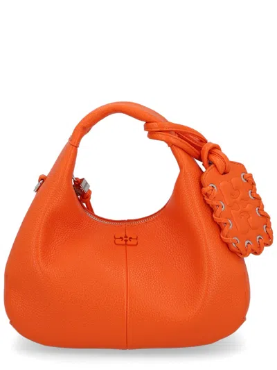 Ganni Mini Textured Leather Tote Bag In Orange
