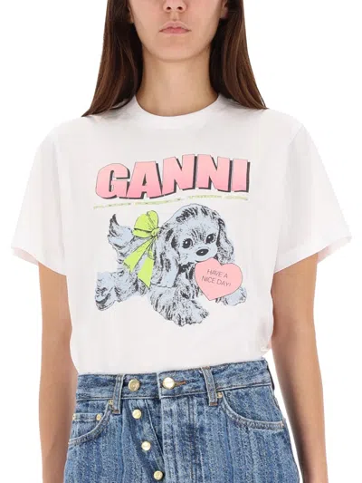 Ganni Women Puppy Print And Logo T-shirt In White