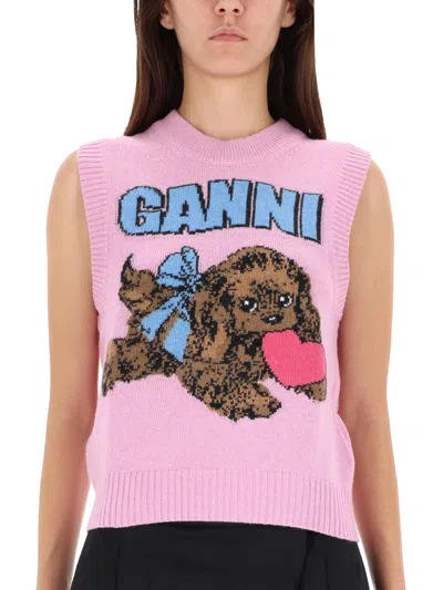 Ganni Puppy Love Graphic Wool Vest In Pink