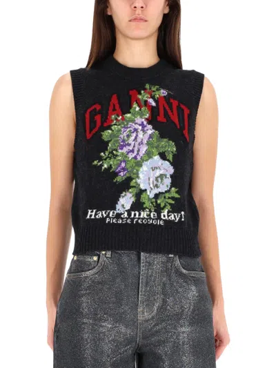Ganni Flowers Grey Vest In Multi
