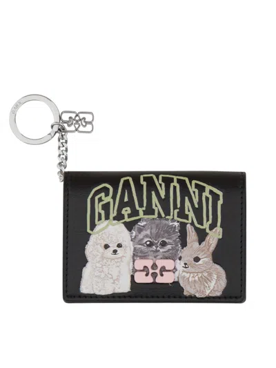 Ganni Bou Card Holder With Animals In Black